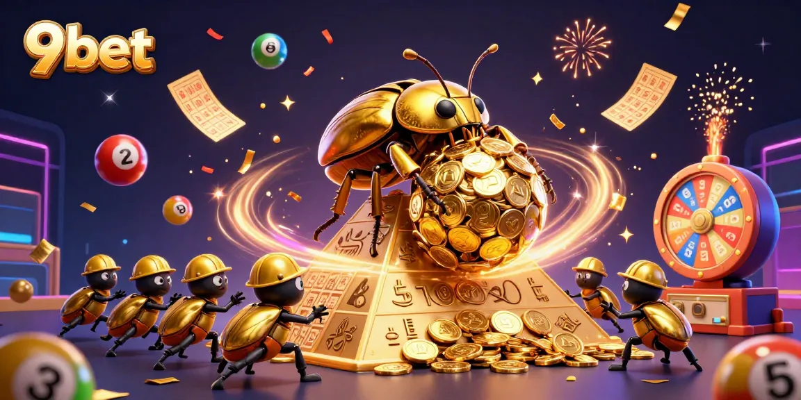 Join the excitement of 9bet with a golden beetle rolling casino coins in a dynamic scene.