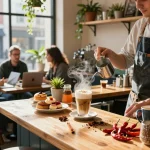 Barista preparing a spicy ai beverage in a vibrant café filled with colorful spices and a lively atmosphere