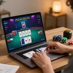 MM88 player engaging in an online poker game at home with lively casino interface and strategy notes.