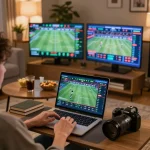 Betting on NK88 with enthusiasm during a lively sports event in a cozy home setup.