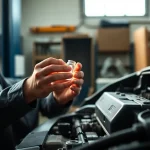 Bujías para coche instaladas por un mecánico atento en un taller luminoso.