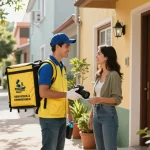 Escena de entrega atractiva de servicios a domicilio con un profesional asistiendo a un cliente en su hogar, reflejando la calidad de los servicios a domicilio.