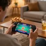 Player enjoying mobile gaming on nhà cái gg88 app in cozy home atmosphere with vibrant screen and snacks.