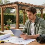 Configurando un diseño de pérgola 3D con herramientas interactivas en un vibrante entorno de jardín, mostrando creatividad y precisión.