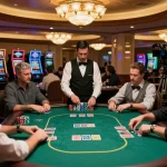 Engaged players at qq8827 poker table showcasing competitive betting in a luxurious casino.