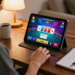 An engaged player using the fa88vn app on a tablet to participate in live dealer gaming from their comfortable home environment