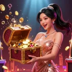 C168 promotional illustration featuring a joyful Asian woman presenting a treasure chest filled with casino riches, surrounded by slot reels and playing cards.