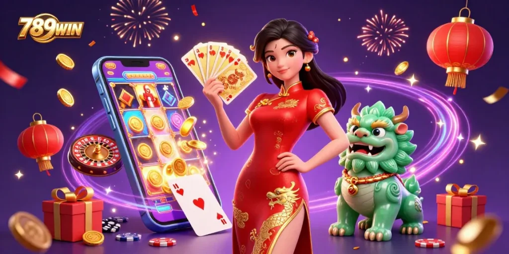 Experience the excitement of 789WIN with a vibrant casino scene featuring spinning slot reels and golden coins.