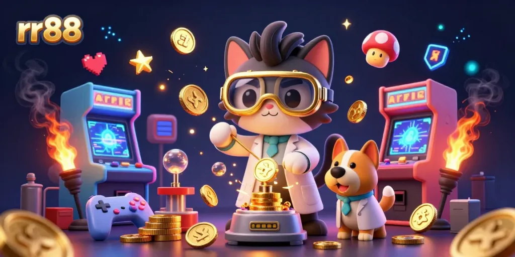 Experience blockchain gaming fun with rr88's vibrant illustration of a mad scientist cat and dog, showcasing arcade machines and casino elements.
