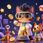 Experience blockchain gaming fun with rr88's vibrant illustration of a mad scientist cat and dog, showcasing arcade machines and casino elements.