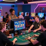 Engaged players at a vibrant gaming table, showcasing https://xx88.se.net/ with various casino games and lively atmosphere.