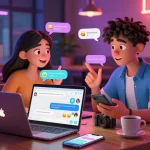 Engaging NSFW chat scene with animated characters sharing flirty messages in a vibrant digital environment.