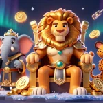 Engage with the thrilling adventures of rr88, featuring a lion king and vibrant casino elements.