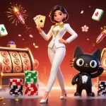 Bet on uu88 with a glamorous dealer shuffling cards amidst festive casino elements.