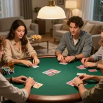 Players strategizing in a friendly poker game at home, showcasing 78WINCOM excitement and social interaction.