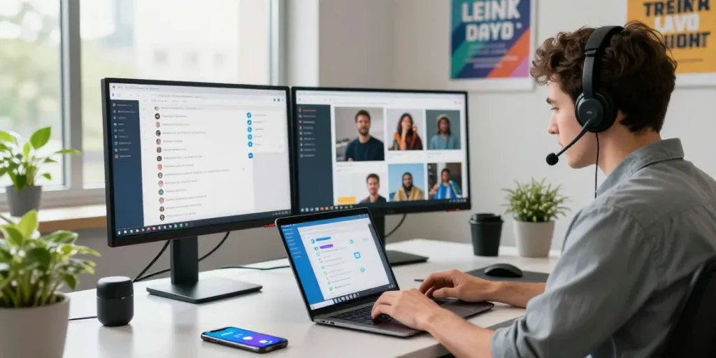 Engaged user utilizing Telegram Web in a modern office setting, showcasing collaboration and productivity.