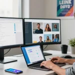 Engaged user utilizing Telegram Web in a modern office setting, showcasing collaboration and productivity.