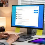 Engaging user utilizing Telegram网页版 on a laptop in a cozy home office setting with colorful sticky notes.