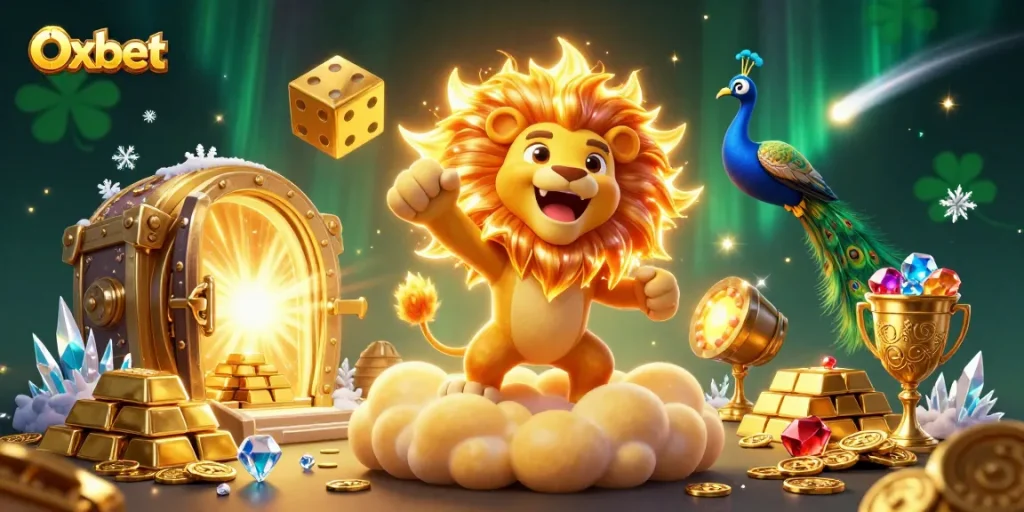 Engage with Oxbet's casino experience through vibrant 3D art featuring golden treasures and lively characters.