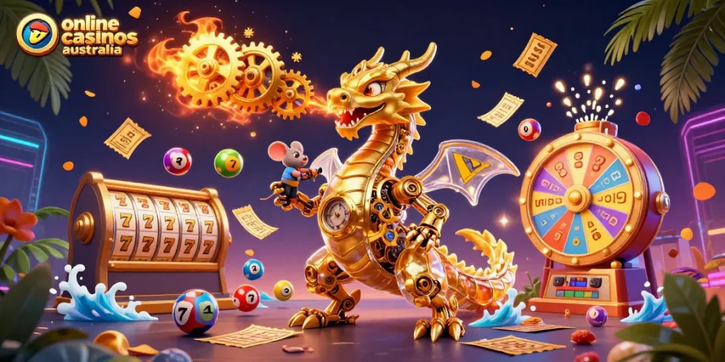Experience excitement at online casinos Australia with this vibrant 3D casino illustration