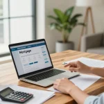 Couple using simulador hipotecario on a laptop in a bright home office setting
