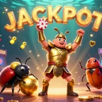 Cakhiatv showcases a cartoon beetle in golden armor celebrating a jackpot amidst glowing arcade games.
