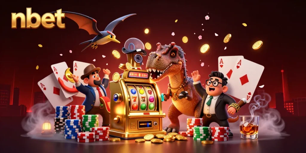 Engaging illustration of nbet featuring a cartoon dinosaur and slot machine amid flying coins.