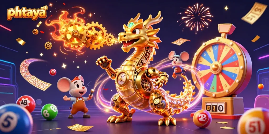 Phtaya showcases a golden dragon and vibrant lottery elements in an engaging online casino scene.