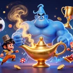 Experience the excitement at 33win with dynamic sports elements and a magical genie illustration.