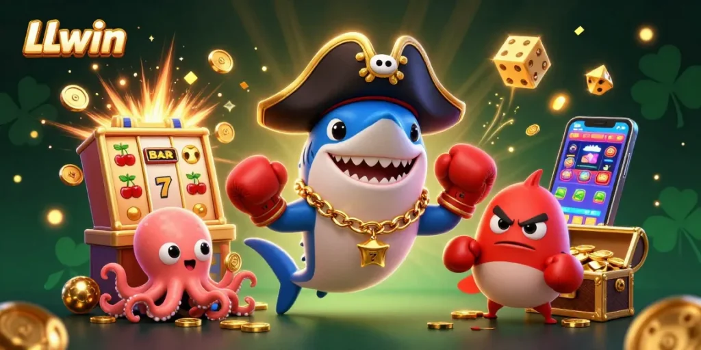 Experience the thrill of LLwin casino with a dynamic 3D cartoon scene filled with exciting gambling elements.