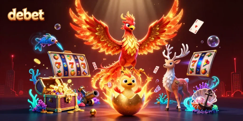 Engage with debet’s dynamic slots scene featuring a phoenix, treasures, and vibrant game elements.