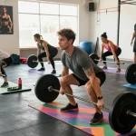 Entrenador de Esteroidesshop ejecutando un peso muerto en un gimnasio lleno de energía y luz natural.