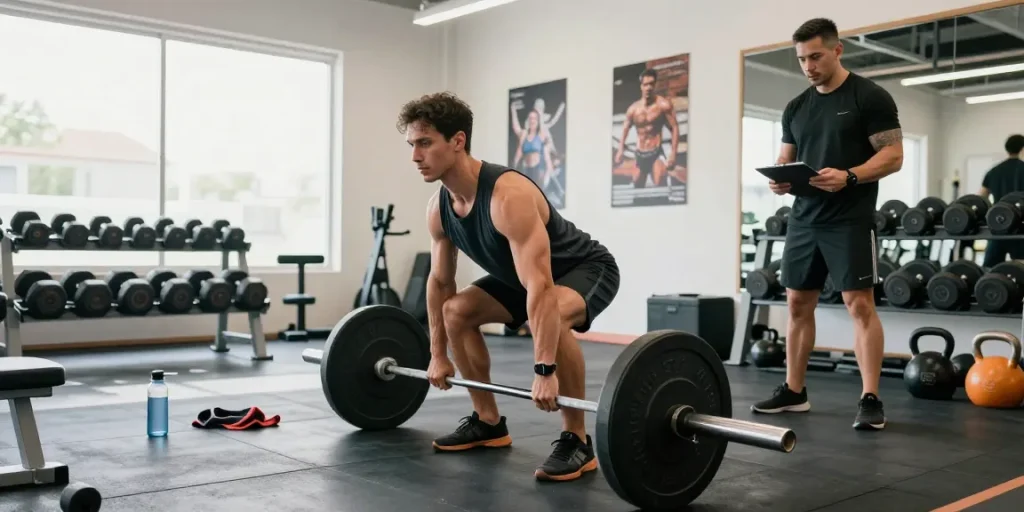 Entrenamiento en Esteroidesshop con hombre levantando pesas en gimnasio iluminado.