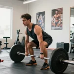 Entrenamiento en Esteroidesshop con hombre levantando pesas en gimnasio iluminado.