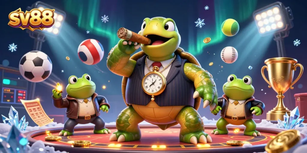 Bet on sv88 with a 3D snapping turtle and bullfrog enforcers in a rich casino scene.