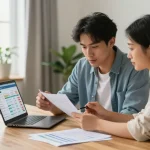 Calculating cuota hipoteca at home with a mortgage simulator while reviewing financial documents.