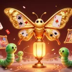 Play at red88 with an illustration featuring vibrant casino elements and a majestic atlas moth.