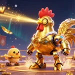 Bet on thrilling 888new games with a golden rooster robot and baby chick drones in a vibrant casino scene.