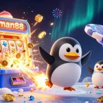 Experience the thrill of man88, watching a golden penguin soar through a vibrant casino space scene filled with excitement.
