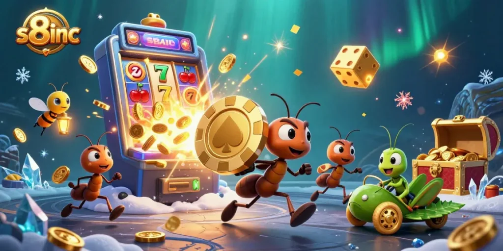 S8inc ants carrying a giant poker chip escape through a colorful casino tunnel filled with vibrant gaming elements.