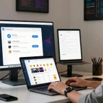 Utilizing the Telegram Web Version in a modern workspace filled with tech gadgets.