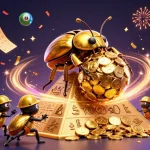 Join the excitement of 9bet with a golden beetle rolling casino coins in a dynamic scene.