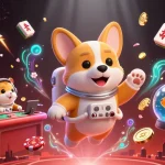 The MAY88 online casino comes alive with a floating corgi astronaut and vibrant gaming elements.
