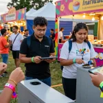 Attendees using pulseras de tela con chip personalizadas for easy entry at a vibrant festival.