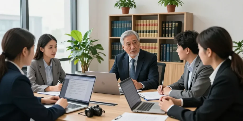 Lawyers in a consultation, examining case files and strategies, see this here for comprehensive legal support.