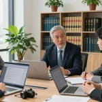 Lawyers in a consultation, examining case files and strategies, see this here for comprehensive legal support.