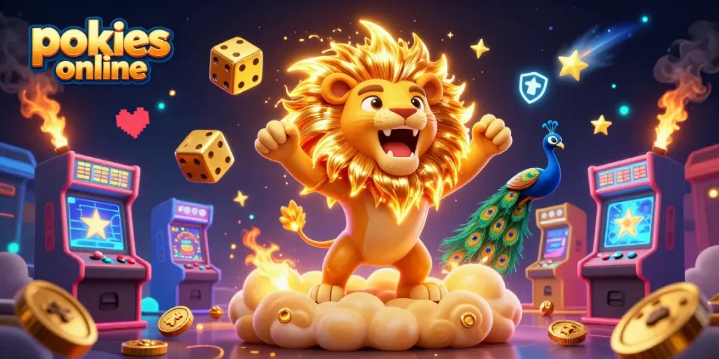Experience pokies online action with vibrant characters, casino elements, and dynamic gaming aesthetics.