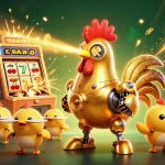 Engage with DEBET casino's excitement, featuring colorful slot machines and a golden rooster robot.